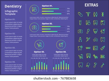 Dentistry infographic template, elements and icons. Infograph includes customizable graphs, four options, line icon set with dentist tools, dental care, tooth decay, teeth health, medicine chest etc.