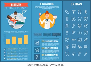 Dentistry infographic template, elements and icons. Infograph includes customizable graphs, charts, line icon set with dentist tools, dental care, tooth decay, teeth health, medicine chest etc.