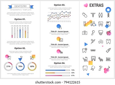 Dentistry infographic template, elements and icons. Infograph includes customizable graphs, four options, line icon set with dentist tools, dental care, tooth decay, teeth health, medicine chest etc.