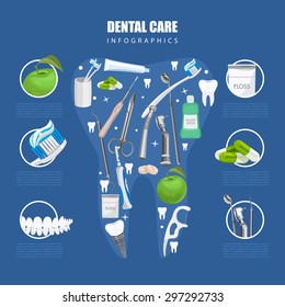 Dentistry Infographics. Background With Dental Care Symbols: Tooth Brush, Tooth Paste, Dental Floss, Apple