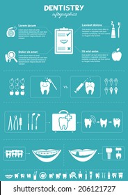 Dentistry infographics. Dental care, dental treatment, decay process, dental tools, braces, implants. Other dentistry symbols also included.