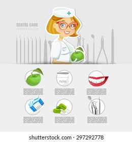 Dentistry infographics. Dental care, dental treatment, decay process, dental tools. Dentist with apple