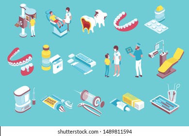 Dentistry isometric elements collection with dentist tools chair patients decayed teeth removable prothesis bridge pills vector illustration 