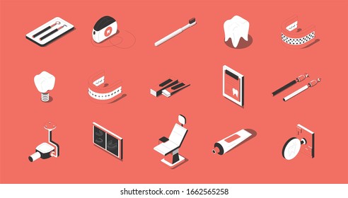 Dentistry isometric icons set with tooth implant prothesis orthodontic chair tools x-ray red background vector illustration 