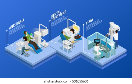 Modelo isométrico odontológico com diferentes estágios da assistência médica em estomatologia sobre ilustração vetorial isolada de fundo azul