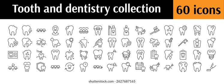 Dentistry Line Icon Set. Teeth, Dental Floss, Caries, Cleaning Outline Signs for Graphic and Web Design, Apps, Adverts, Various Cards