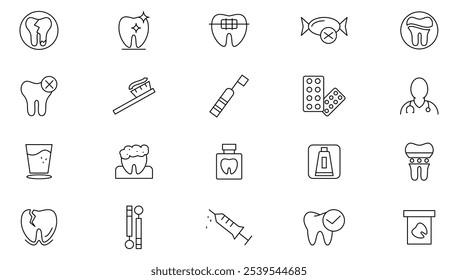 Dentistry line icon set. Tooth, dentist, toothpaste, toothbrush, teeth, implant, cavity, hygiene, health, sign, braces and inserts line icon set. UI thin line icon pack.