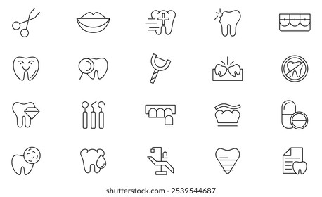 Dentistry line icon set. Tooth, dentist, toothpaste, toothbrush, teeth, implant, cavity, hygiene, health, sign, braces and inserts line icon set. UI thin line icon pack.