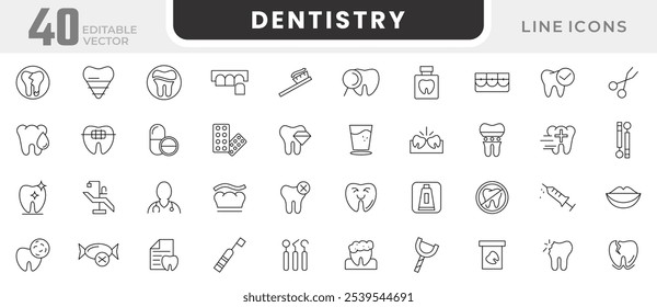 Dentistry line icon set. Tooth, dentist, toothpaste, toothbrush, teeth, implant, cavity, hygiene, health, sign, braces and inserts line icon set. UI thin line icon pack.