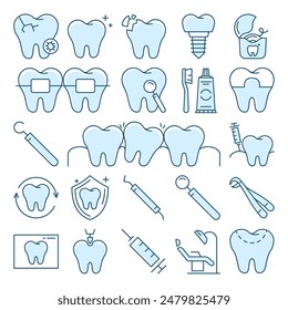 Dentistry line icon set vector isolated. Collection of dental symbols, tooth, toothbrush, braces and different equipment. Oral care.