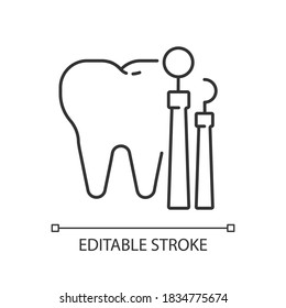 Dentistry linear icon. Dental medicine and health. Stomatology. Teeth treatment. Oral medicine. Thin line customizable illustration. Contour symbol. Vector isolated outline drawing. Editable stroke