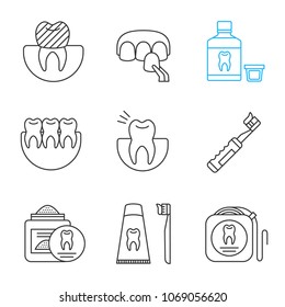 Dentistry linear icons set. Dental crown, veneer, mouthwash, healthy teeth, toothache, electric toothbrush, tooth powder, floss, dentifrice. Thin line contour symbols. Isolated vector illustrations