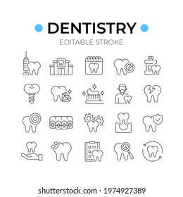 Dentistry linear icons set. Dental services and therapy. Thin line customizable illustration. Vector isolated outline drawing. Editable stroke