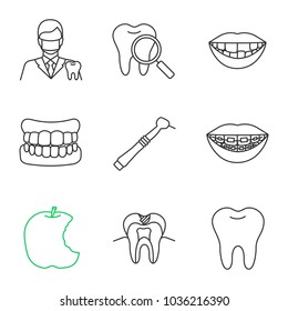 Dentistry linear icons set. Dentist, teeth check, denture, missing tooth, dental drill, braces, bitten apple, caries, healthy molar. Thin line contour symbols. Isolated vector outline illustrations