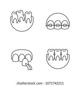 Dentistry linear icons set. Stomatology. Crooked and healthy teeth, dental braces, veneer. Thin line contour symbols. Isolated vector outline illustrations