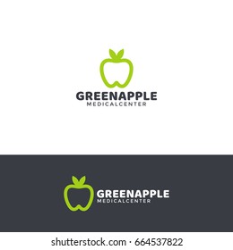 Dentistry Logo Template With Green Apple And Healthy White Tooth. Horizontal And Vertical Versions.