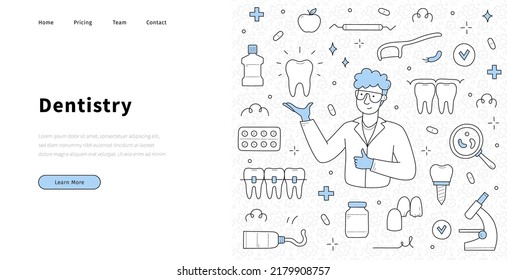 Dentistry medicine doodle landing page. Stomatology doctor with healthy shining tooth in hand, medical linear equipment icons around. Dental clinic services, teeth and caries treatment vector banner