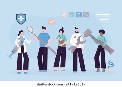 Dentistry medicine. Team of dentists in dental office. Group of doctors, surgeons and nurses standing together. Examination and medical exam of teeth. medical staff in clinic. flat vector illustration