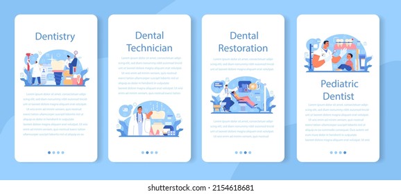 Dentistry mobile application banner set. Dental doctor in uniform treating human teeth using medical equipment. Dental technician setting an implant or veneer. Flat vector illustration