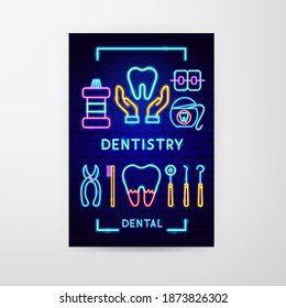 Dentistry Neon Flyer. Vector Illustration of Stomatology Promotion.