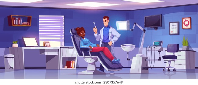 Oficinas de odontología con doctor en odontología y paciente en silla. Estomatología, tratamiento de dientes y concepto de salud con personajes de hombres y mujeres en la clínica, ilustración de caricatura vectorial