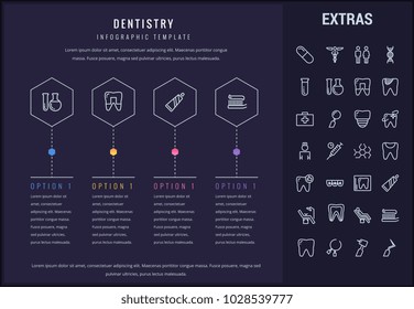 Opciones del registro plantilla, elementos e iconos infográficos. Infograph incluye un juego de iconos de línea con herramientas de dentista, atención dental, descomposición dental, salud de dientes, pecho medico, profesional sanitario, etc.