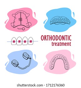 Dentistry.Set orthodontic appliance for correcting the position of the teeth and the occlusion. Elastopositioner,invisible splint,kappa for bruxism, braces.Vector illustration.For dental clinic,banner