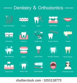 Dentistry, orthodontics flat icons. Colorful flat vector icons of dental clinic services, stomatology, dentistry, orthodontics, oral health care and hygiene, dental instruments.