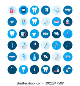 Dentistry And Orthodontics Flat Icons Set With Long Shadow. Signs For Dentistry Clinic. Dental Care Equipment, Braces, Veneers, Caries Treatment, Floss, And Medical Elements. Orthodontics Concept.