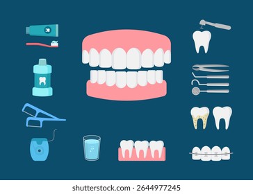 Dentistry, orthodontics flat icons. Flat vector icons of dental clinic services, dentistry, orthodontics, oral health care, dental instruments. Stock Illustration. 