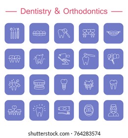 Dentistry, orthodontics outline icons. Thin line vector icons of dental clinic services, stomatology, dentistry, orthodontics, oral health care and hygiene, dental instruments. Editable stroke.