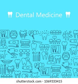 Dentistry and orthodontics pattern with outline icons of clinic services dentistry orthodontics oral health care hygiene dental instruments vector illustration. Dental concept frame. Place for text