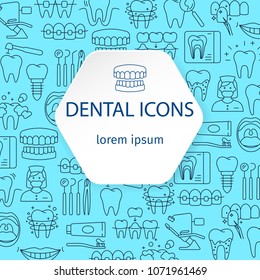 Dentistry and orthodontics pattern with outline icons of clinic services dentistry orthodontics oral health care hygiene dental instruments vector illustration. Dental concept frame. Place for text