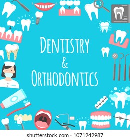 Dentistry and orthodontics poster with dental instruments implant oral cavity dentist symbols. Flat style design. Colorful template for design prints vector illustration. Isolated on blue background