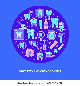 Dentistry and orthodontics round concept banner in colored line style. Teeth care and stomatology symbols. Medical background with place for text. Vector illustration.