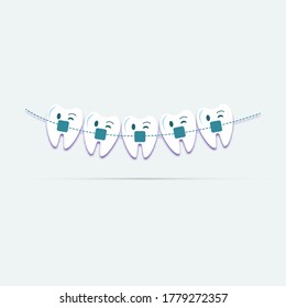 Dentistry, orthodontics Smile with braces.  Vector illustration of cute cartoon teeth in braces on an isolated blue background. Suitable for dental clinic,printing on postcard, poster, print. 