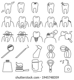 Dentistry outline icons set, symbolic image of teeth, their diseases and procedures for the treatment and care of teeth and oral cavity vector illustration