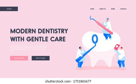 Dentistry People Working for Dental Care Teeth Landing Page Template. Tiny Dentists Characters Checking Tooth for Caries. Doctors Hold Stomatology Mirror, Carver and Xray. Cartoon Vector Illustration