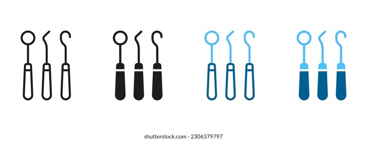 Colección de pictogramas de equipos profesionales de odontología. Instrumentos médicos dentales conjunto de siluetas e iconos de línea. Signo de estomatología. Símbolo Dentista Herramientas para cuidado dental. Ilustración de vectores aislados.