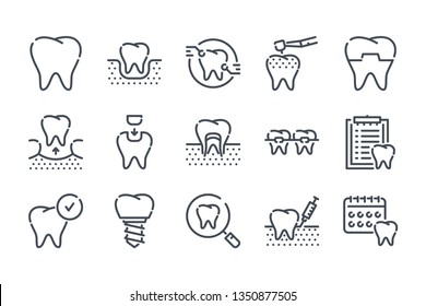 Conjunto de iconos de línea relacionados con el registro. Colección de iconos alineados con vectores de dentista y estomatología.