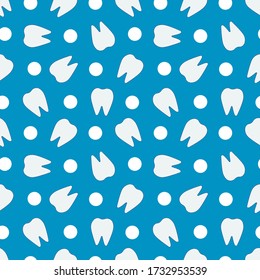 Dentistry seamless pattern. White tooth texture. Vector illustration of teeth on an isolated blue background. Abstract print in a minimalist style for dental clinics, textiles, web,