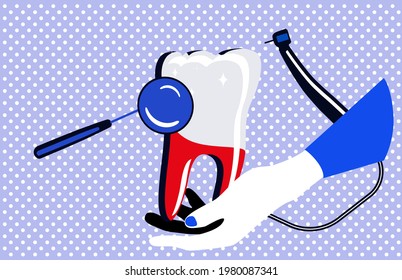 Dentistry service banner in Pop Art style.Hand holding huge molar.Drill bit.Curing teeth with caries,removing plaque.Oral cavity disease.Root canal filling with orthodontic instruments.Vector