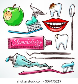 Dentistry. Set with dental tools. hand-drawn illustration