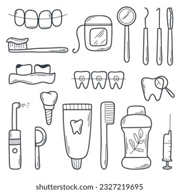 Dentistry set doodle icons. Oral health symbols. Dental instruments, tooth, prosthes, hygiene products, irrigator, dental floss, implant. Simple symbols of stomatology, vector illustration