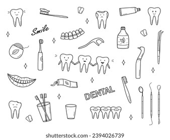 Juego de iconos de doodle en la historia. Ilustración vectorial de elementos para el tratamiento y cuidado de dientes. Las herramientas de Dentist. Dientes con emociones.