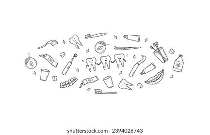 Dentistry set of doodle icons. Vector illustration of elements for the treatment and care of teeth. Dentist's tools. Teeth with emotions.