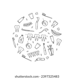 Dentistry set of doodle icons. Vector illustration of elements for the treatment and care of teeth. Dentist's tools. Teeth with emotions.