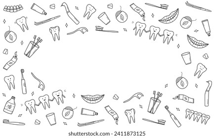 Dentistry set of doodle icons. Vector illustration of elements for the treatment and care of teeth. Dentist's tools. Teeth with emotions.