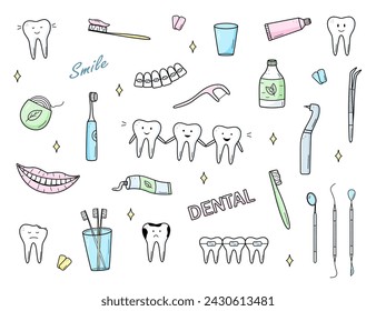 Dentistry set of doodle icons. Vector illustration of elements for the treatment and care of teeth. Dentist's tools. Teeth with emotions.