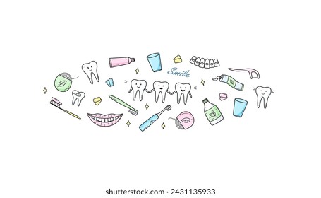 Dentistry set of doodle icons. Vector illustration of elements for the treatment and care of teeth. Dentist's tools. Teeth with emotions.